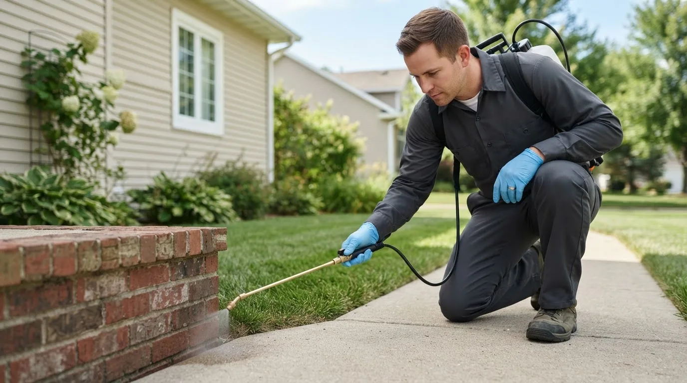Pest control technician treating a home near Glasston, ND