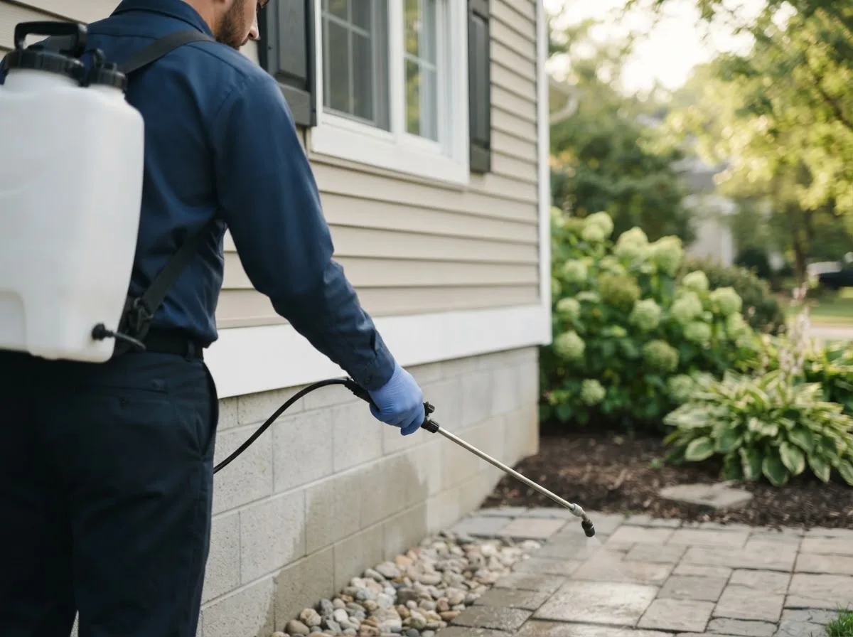 Pest control technician inspecting a home in Glasston, ND